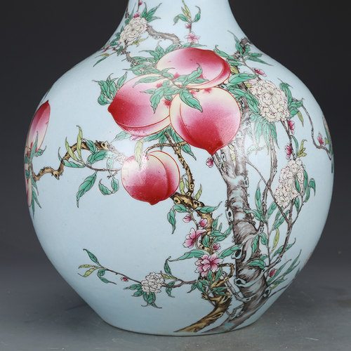 花瓶清雍正瓷器粉彩九桃天球瓶仿古瓷器古董古玩老货收藏陶瓷花瓶_虎窝淘