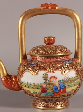 大清乾隆珐琅彩雕刻描金开窗西洋人物茶壶一套古董古玩收藏品瓷器