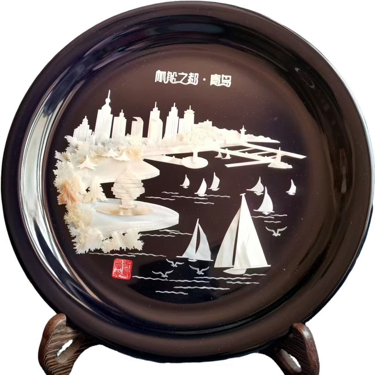 青岛文创旅游商务会议礼品青岛风景贝雕盘贝雕摆件特色伴手礼