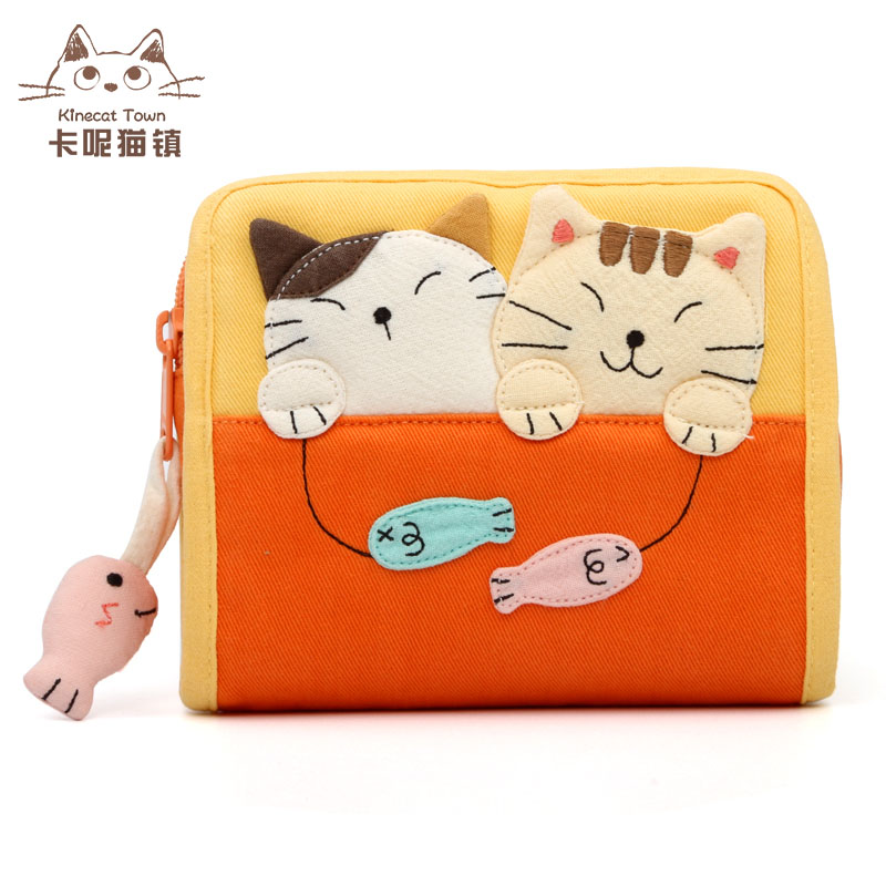 特价KINECAT 可爱戏鱼猫棉布手工拼布卡通女士短款钱包 日本财布 - 图3