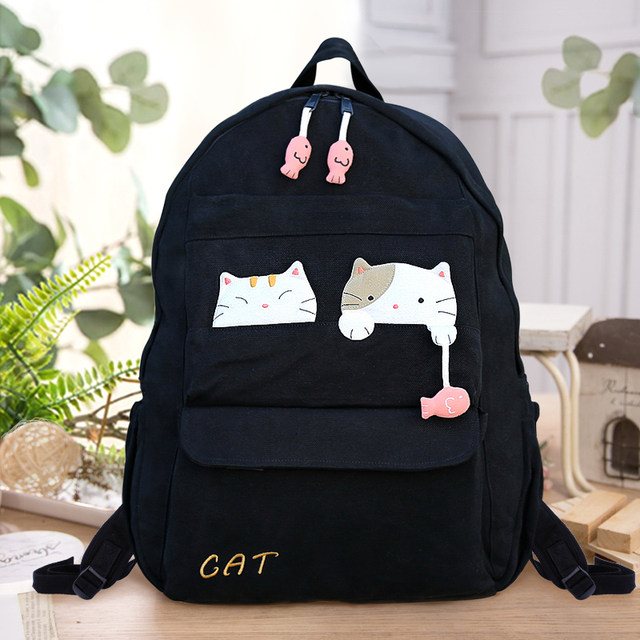 kine cute fishing cat cartoon cotton canvas backpack junior high