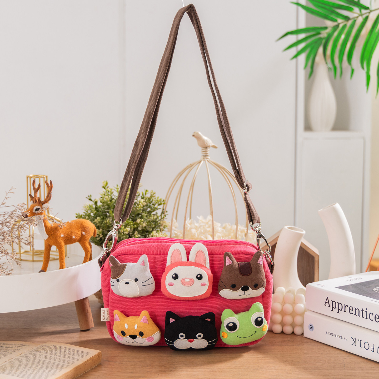 Kine猫新款 立体森林动物头斜挎包棉布女士学生校园个性小方包包,淘宝优惠券,粉丝福利购,淘宝优惠卷