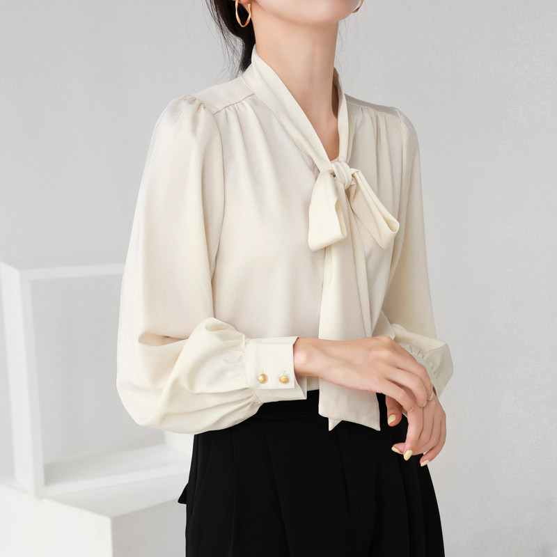 my杏色缎面长袖秋季蝴蝶结v领衬衫 缪语女装衬衫