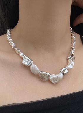 2025冷淡风碎银银色异型不规则串珠项链小众巴洛克珍珠气质锁骨链