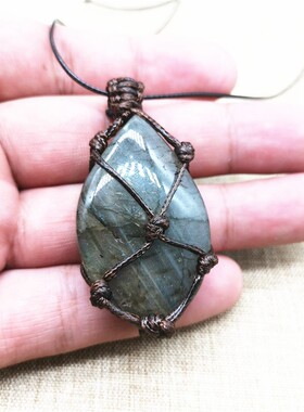 2026天然水晶拉长石随形水滴复古网兜吊坠月光石