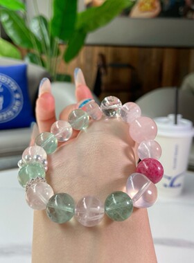 2026鑫梵希 天然粉水晶搭配绿萤石 蔷薇辉DIY单圈手链厂家直供