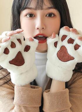 加绒加厚可爱猫爪半指手套冬季女保暖防寒学生露指写字骑行