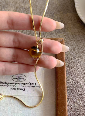 美拉德虎眼石挂脖抽拉毛衣链项链