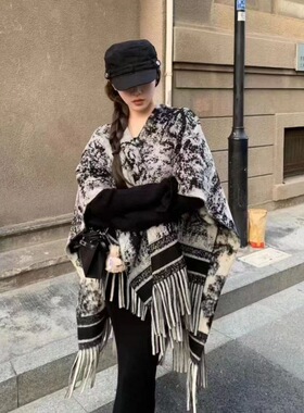 高品质仿羊绒披肩中国风水墨画冬季旅游百搭保暖围巾加厚披风斗篷