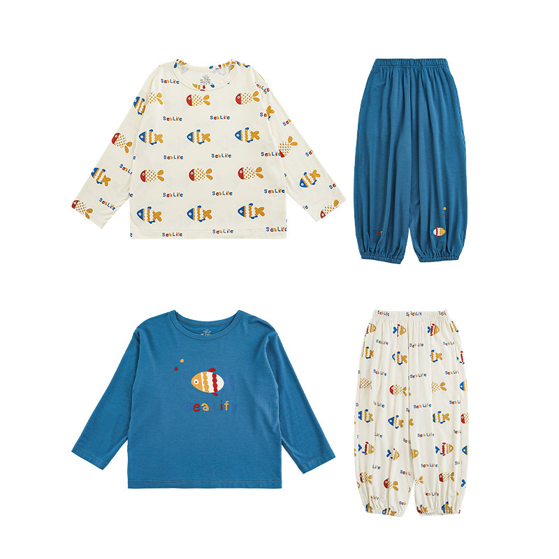 幼悠男童春季长袖彩色小鱼家居服套装时尚保暖可外穿睡衣两件套潮,淘宝优惠券,粉丝福利购,淘宝优惠卷