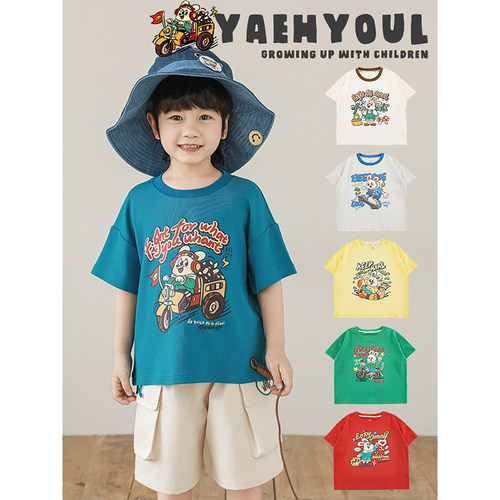 幼悠 男童2026夏季新款美式复古卡通短袖圆领T恤休闲百搭儿童上衣 - 图1