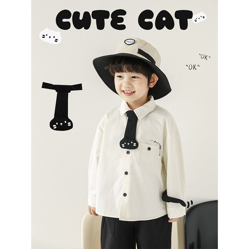 幼悠男童2025新款长袖衬衫保暖毛衣防风束脚长裤猫咪系列套装童装