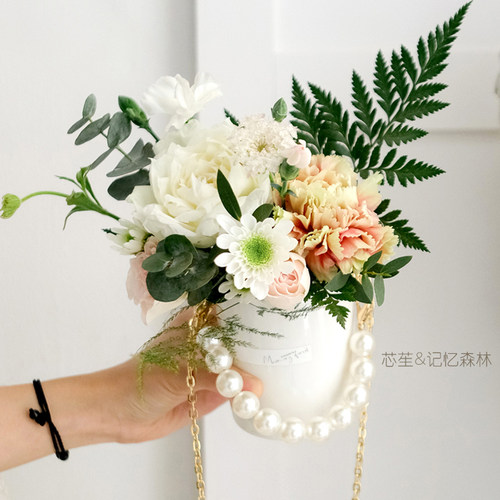 优品折扣 芯苼 手提珍珠陶瓷花瓶花店鲜花束精致插花花艺包装材料 - 图2