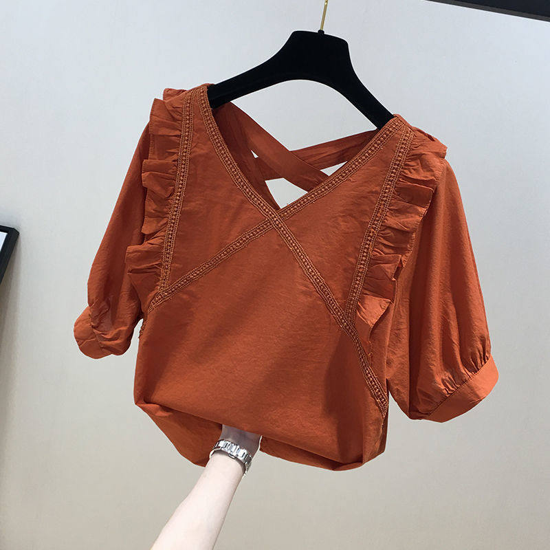 韩国拼接蕾丝气质v领2022新款衬衫 haadid衬衫