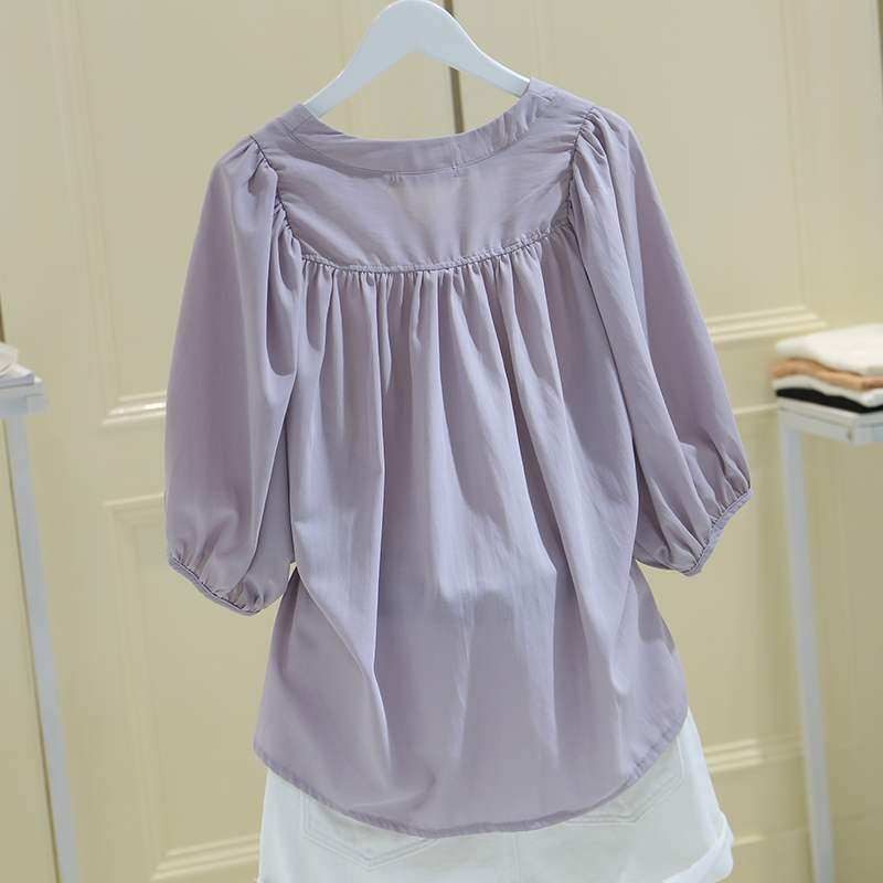 韩国v领雪纺中袖2022夏季新款衬衫 haadid衬衫