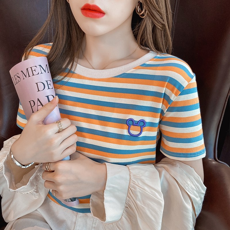韩国纯棉彩虹条纹女短袖2022 t恤 haadidT恤