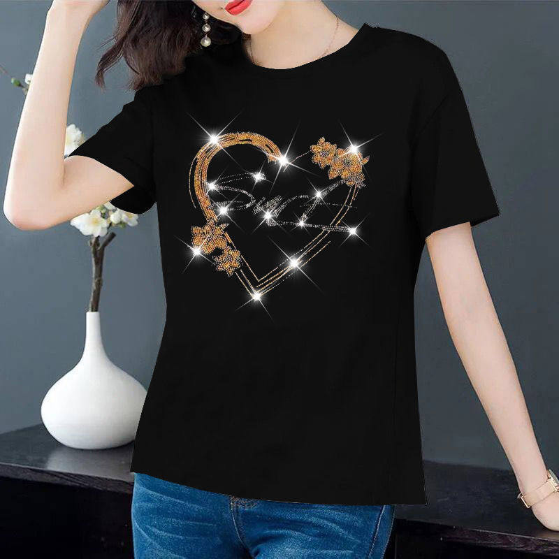 韩国夏季欧货黑色烫钻短袖打底衫 haadidT恤