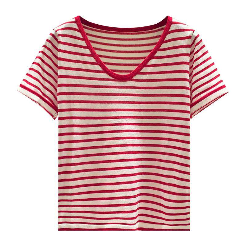 韩国条纹针织女短袖2022夏新款t恤 haadidT恤