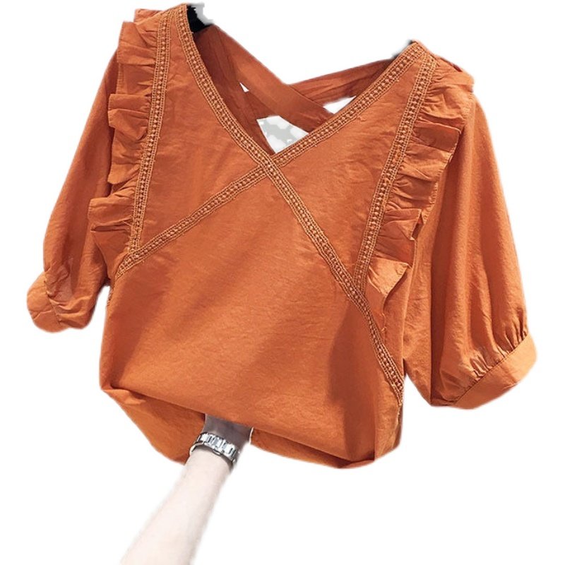 韩国拼接蕾丝气质v领2022新款衬衫 haadid衬衫