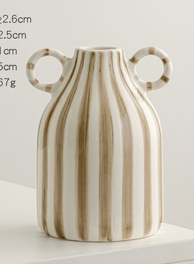 新款手绘双耳条纹小众o陶瓷花瓶民宿餐桌插花装饰摆件北欧大肚简