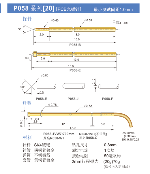 华荣探针P058-H 0.8九爪梅花头/0.58导电针P058测试针 总长15.6MM - 图1
