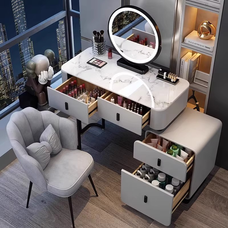 岩板实木梳妆台卧室现代简约化妆台轻奢高级感收纳一体柜化妆桌JH - 图0