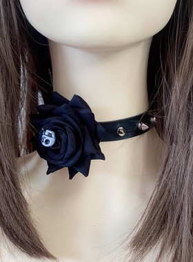 黑色PU铆钉玫瑰花颈链脖子链