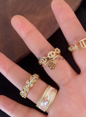 铜微镶锆石开口戒指~快乐小星球滴油猪鼻子可调节老花轻奢贵气