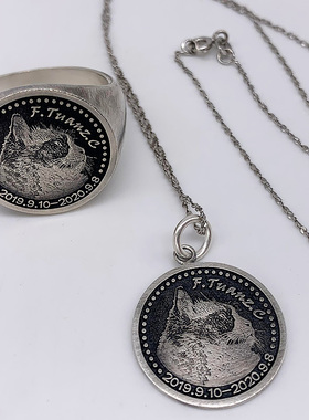 圆形复古925银照片刻字戒指定制