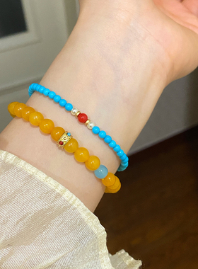 绿松石蓝色手串石叠戴细款手链