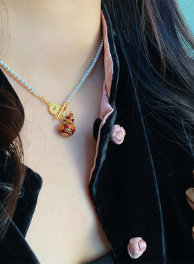 原创复古滴油珐琅葫芦珍珠项链