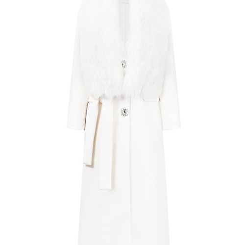 MAI DIRE MAI 柔雾蓝羊毛呢大衣珍珠白狐狸毛披肩 - 图3