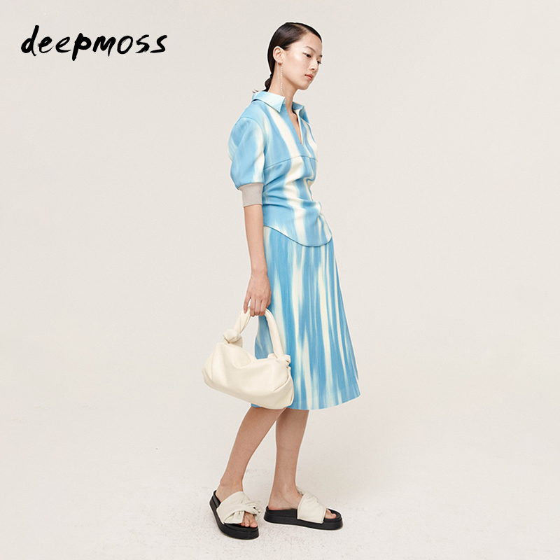 【清货折M】deepmoss 春夏天空蓝洋气复古不规则A字修身半身裙 - 图1