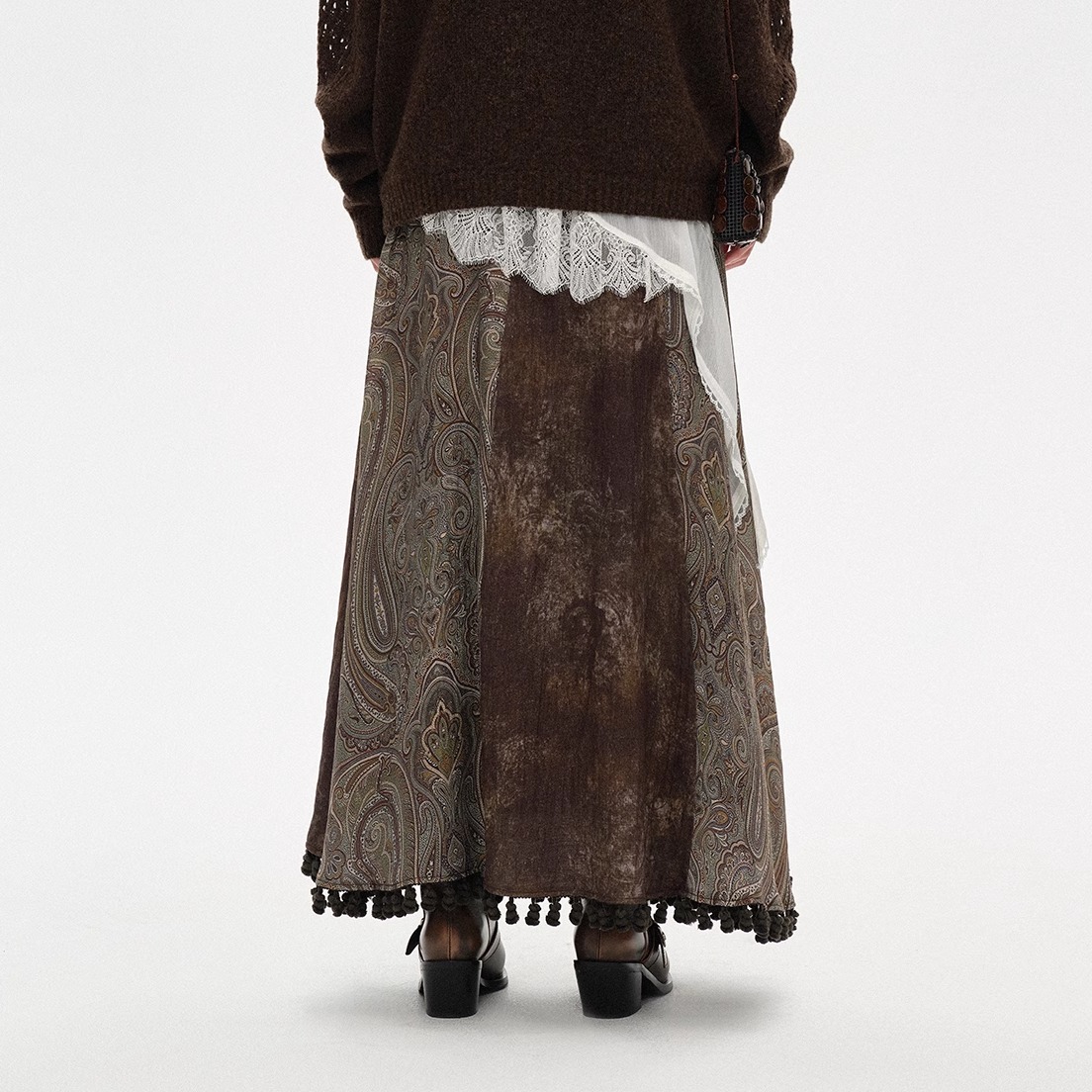 王楚然同款 Vena Label 25FW新款 游牧风拼接流苏半身裙 镂空毛衣 - 图1