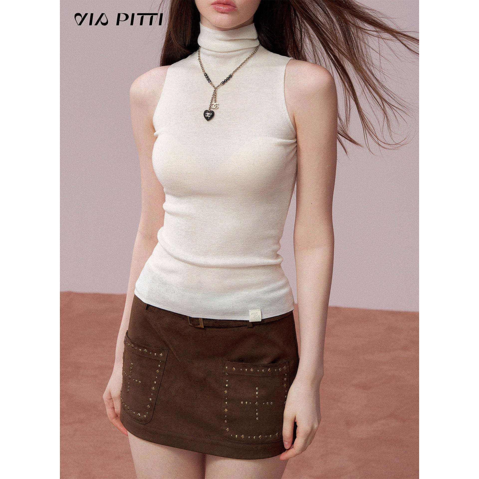 VIAPITTI设计感百搭高领无袖针织衫背心女装秋冬修身含桑蚕丝上衣,淘宝优惠券,粉丝福利购,淘宝优惠卷