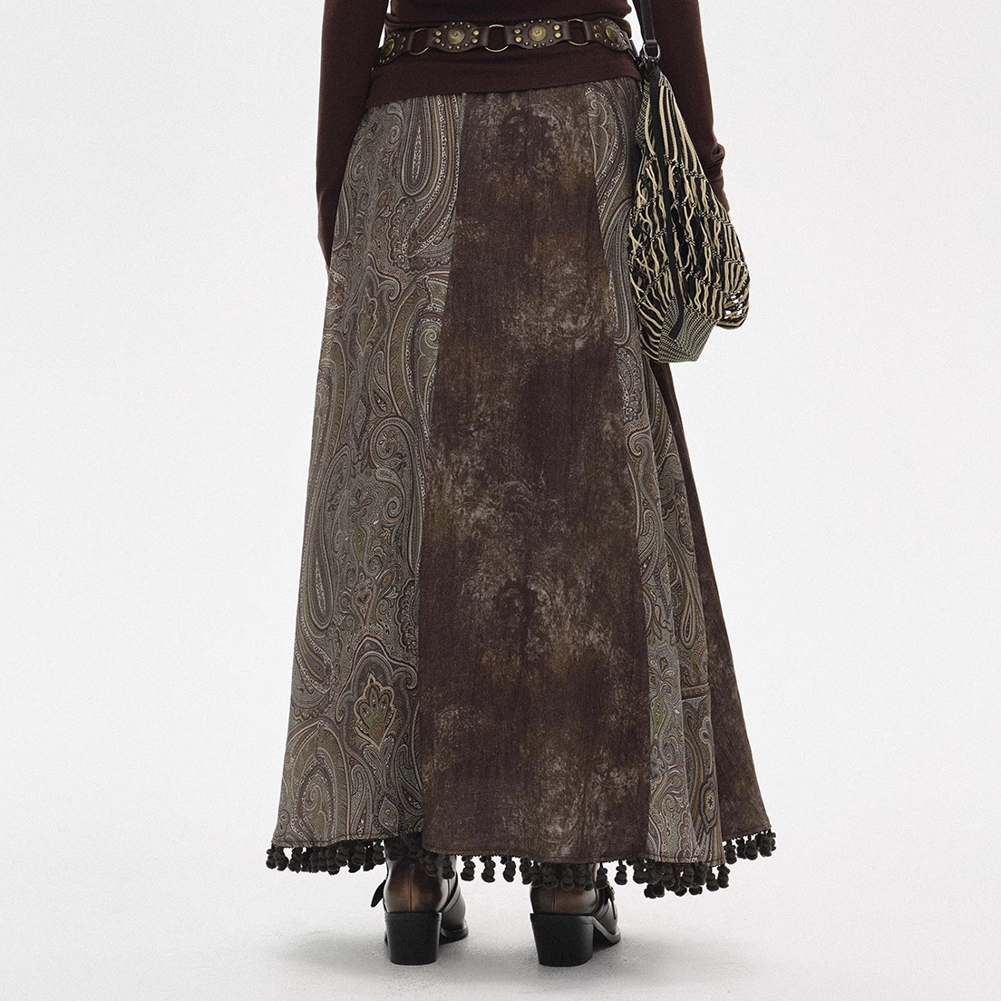 王楚然同款 Vena Label 25FW新款 游牧风拼接流苏半身裙 镂空毛衣 - 图2