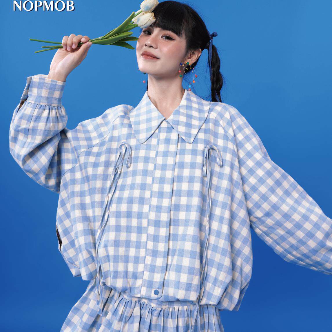 NOPMOB 干净蓝白格子 文艺复古网球棒球服运动服宽松套装外套新款