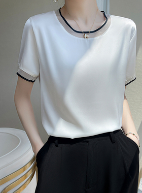 白色短袖t恤女2024夏季新款宽松网纱圆领气质简约薄款缎面上衣潮