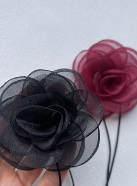 黑天鹅 欧根纱花朵项链气质玫瑰生日颈饰表演走秀酒红氛围感配饰