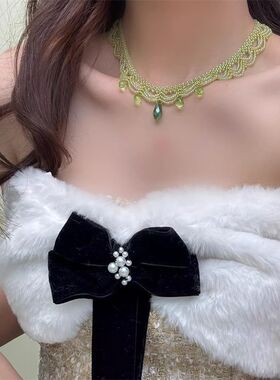 【半藏森林】春夏绿色蕾丝串珠项链多层叠戴锁骨链颈链