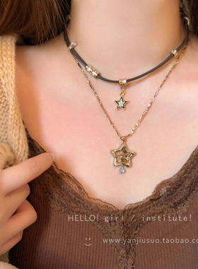 甜酷态度~美拉德豹纹十字架星星项链女轻奢感毛衣链复古配饰