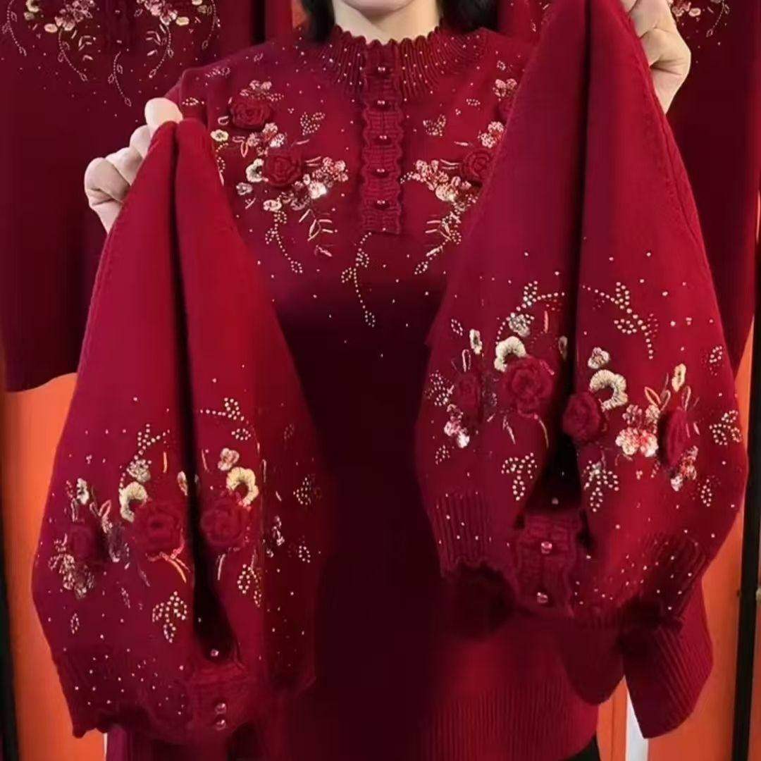 妈妈秋季提花镶钻毛衣长袖旗袍领针织衫中老年女本命年红色打底衫,淘宝优惠券,粉丝福利购,淘宝优惠卷