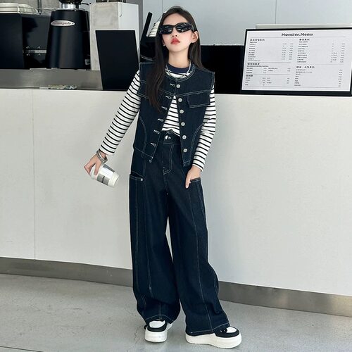 女童牛仔套装2026春秋新款时髦儿童中大童牛仔裤打底衫马甲三件套 - 图2