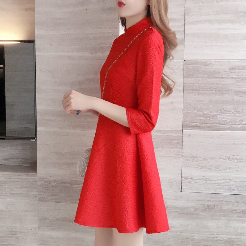 旗袍改良版连衣裙秋冬小个子小红色 宿念连衣裙