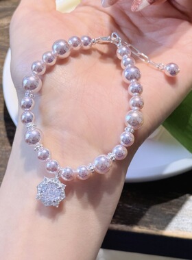 白色玫瑰花切锆石不规则极光曼塔玫瑰珍珠手链奢华气质通勤配饰女