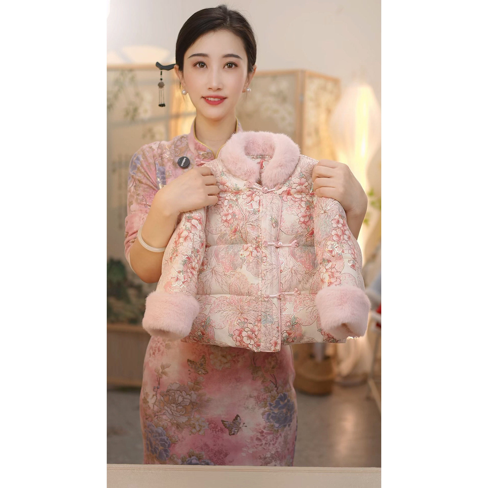 现货【桃花源】SC699女童冬季新中式加绒加厚国风外套牛仔裤套装,淘宝优惠券,粉丝福利购,淘宝优惠卷