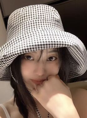 千鸟格子防晒渔夫帽女款夏季防紫外线大檐遮阳帽遮脸时尚太阳帽子