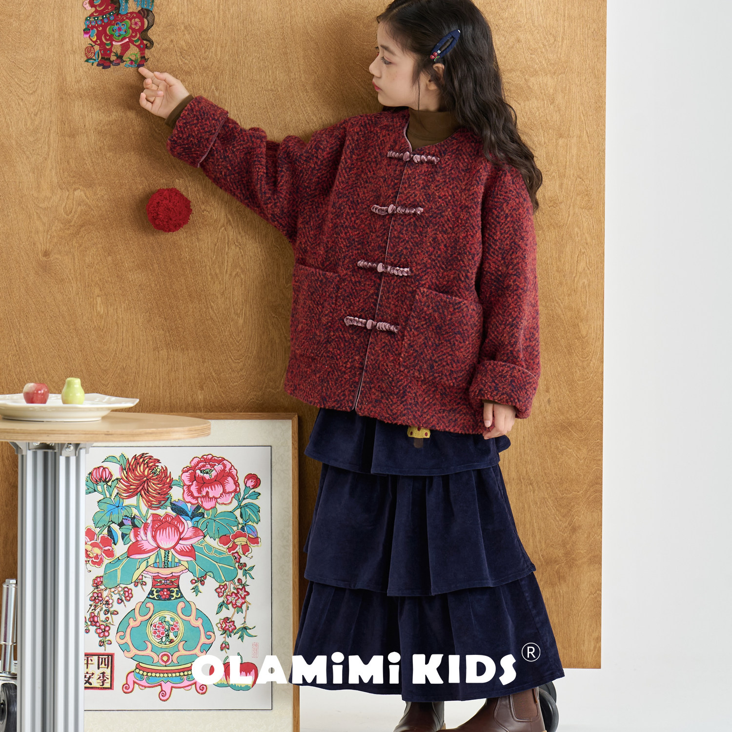 OLAMIMI儿童亲子2025冬新年复古夏加尔蓝刺绣灯芯绒荷叶边蛋糕裙,淘宝优惠券,粉丝福利购,淘宝优惠卷