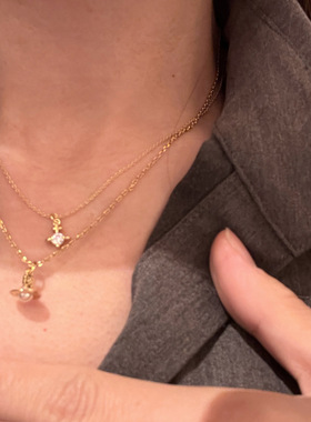 mini立体单钻土星项链925银厚金叠戴简约百搭锁骨链
