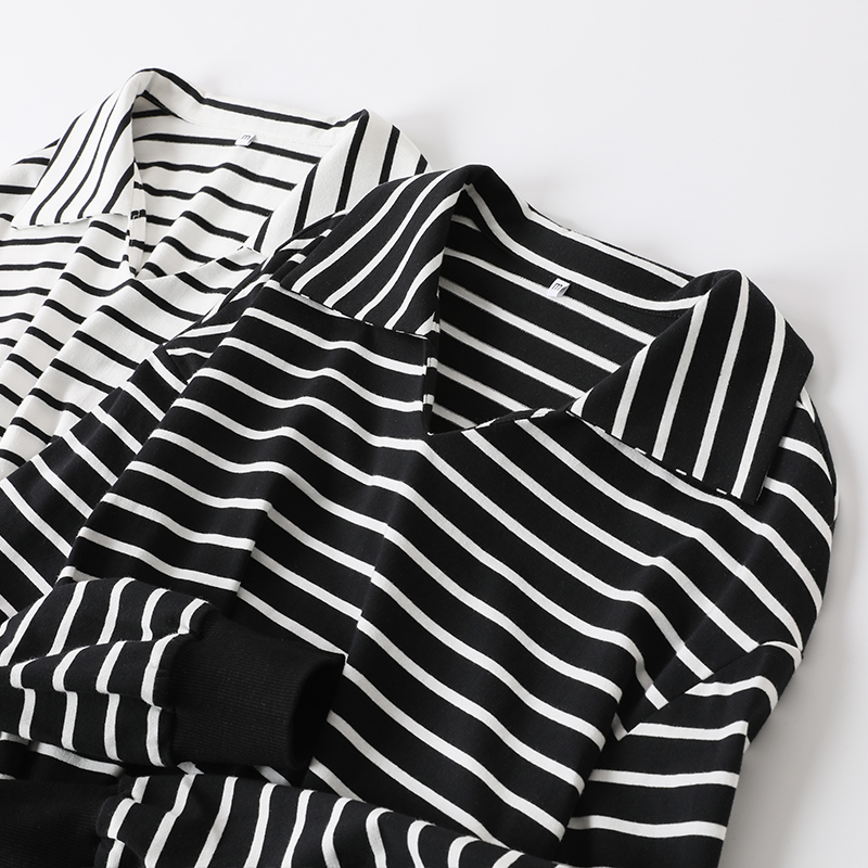 黑白条纹polo衫长袖春季纯棉上衣 假日概念POLO衫